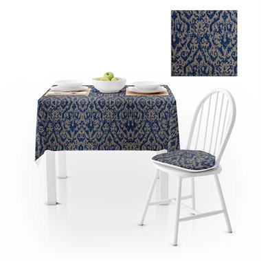 Damask Desenli Krem Lacivert Dijital Baskılı Süet Dokuma Masa Örtüsü 140x260