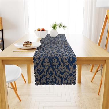 Damask Desenli Krem Lacivert Dijital Baskılı Süet Dokuma Runner 40x140