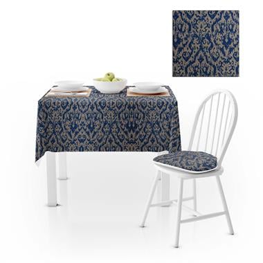 Damask Desenli Krem Lacivert Dijital Baskılı Süet Dokuma Masa Örtüsü 140x220