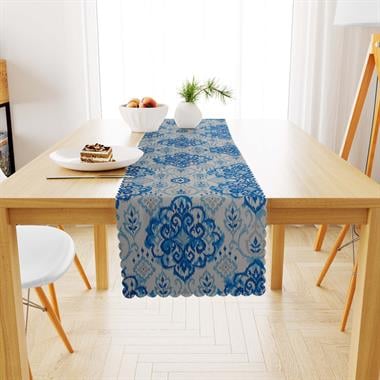 Damask Desenli Mavi Beyaz Dijital Baskılı Süet Dokuma Runner 40x140