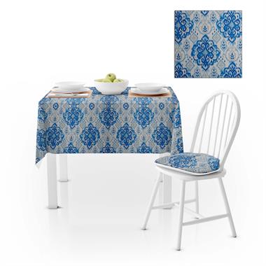Damask Desenli Mavi Beyaz Dijital Baskılı Süet Dokuma Masa Örtüsü 140x260
