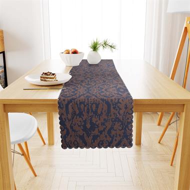 Damask Desenli Mavi Dijital Baskılı Süet Dokuma Runner 40x140