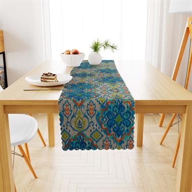 Damask Desenli Mavi Turkuaz Dijital Baskılı Süet Dokuma Runner 40x140