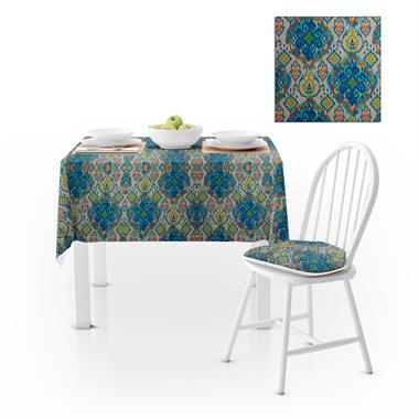 Damask Desenli Mavi Turkuaz Dijital Baskılı Süet Dokuma Masa Örtüsü 140x260