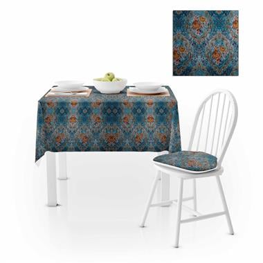 Damask Desenli Mavi Zemin Dijital Baskılı Süet Dokuma Masa Örtüsü 140x140