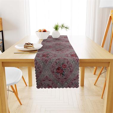 Damask Desenli Vizon Zemin Dijital Baskılı Süet Dokuma Runner 40x140