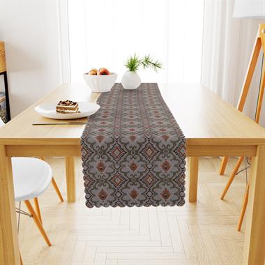 Etnik Desenli Taba Haki Dijital Baskılı Petek Dokuma Runner 40x140 