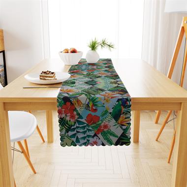 Flamingo Papağan Desenli Baklava Dilimli Yeşil Dijital Baskılı Petek Dokuma Runner 40x140 