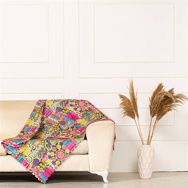 Fuşya Sarı Renkli Geometrik Desen Dokuma Dijital Baskılı Kadife Şönil Koltuk Şalı Örtüsü Maxi Set (3+3+1+1)
