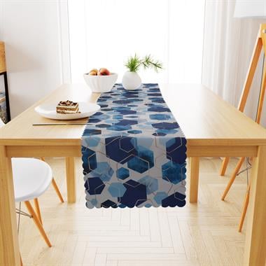 Geometrik Desenli Altıgen Beyaz Zemin Lacivert Mavi Dijital Baskılı Petek Dokuma Runner 40x140 