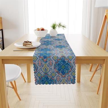 Geometrik Desenli Mavi Lacivert Kadife Dokulu Runner 40x180