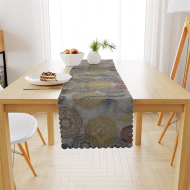 Geometrik Desenli Motifli Sarı Kiremit Vizon Dijital Baskılı Petek Dokuma Runner 40x140 