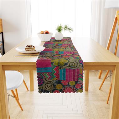Geometrik Desenli Renkli Fuşya Sarı Dijital Baskılı Süet Dokuma Runner 40x140