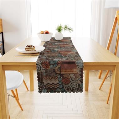 Geometrik Desenli Renkli Kahve Çikolata Dijital Baskılı Süet Dokuma Runner 40x140