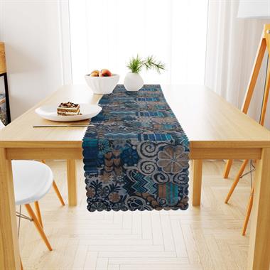 Geometrik Desenli Renkli Mavi Lacivert Dijital Baskılı Süet Dokuma Runner 40x140
