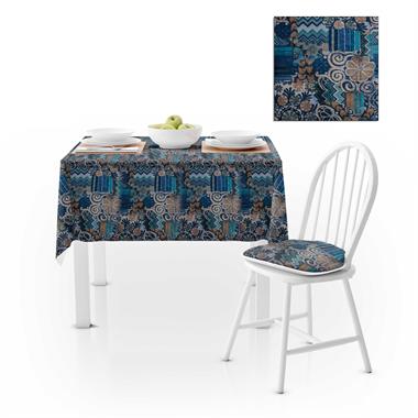 Geometrik Desenli Renkli Mavi Lacivert Dijital Baskılı Süet Dokuma Masa Örtüsü 140x220