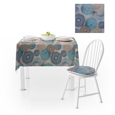 Geometrik Desenli Yuvarlak Motifli Turkuaz Vizon Dijital Baskılı Petek Dokuma Masa Örtüsü 140x140