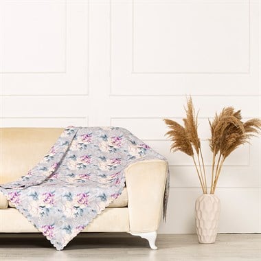 Gri Zeminli Mor Antrasit Renkli SarmaşıkDesenli Dokuma Dijital Baskılı Kadife Şönil Koltuk Örtüsü Şalı 175x215cm