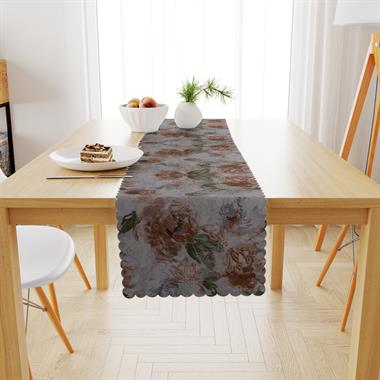 Gül Desenli Kahverengi Yeşil Dijital Baskılı Petek Dokuma Runner 40x140 