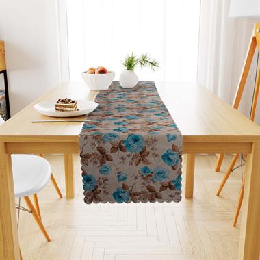 Gül Desenli Çikolata Yapraklı Krem Turkuaz Dijital Baskılı Süet Dokuma Runner 40x140