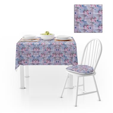 Gül Desenli Gri Mavi Gül Kurusu Kadife Dokulu 180X260 Masa Örtüsü