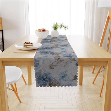 Gül Desenli Kahve Mavi Dijital Baskılı Petek Dokuma Runner 40x140 