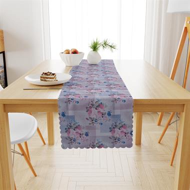 Gül Desenli Mavi Gül Kurusu Kadife Dokulu Runner 40x180