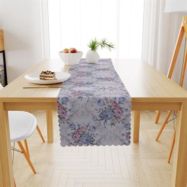 Gül Desenli Mavi Modern Kadife Dokulu Runner 40x180