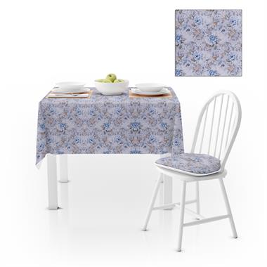 Gül Desenli Mavi Sütlü Kahve Kadife Dokulu 180X260 Masa Örtüsü