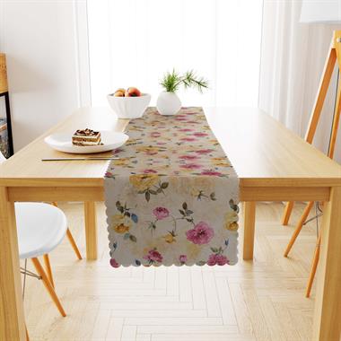 Gül Desenli Modern Sarı Pembe Dijital Baskılı Süet Dokuma Runner 40x140