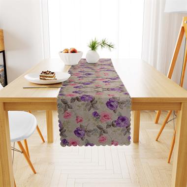 Gül Desenli Pembe Mor Dijital Baskılı Süet Dokuma Runner 40x140