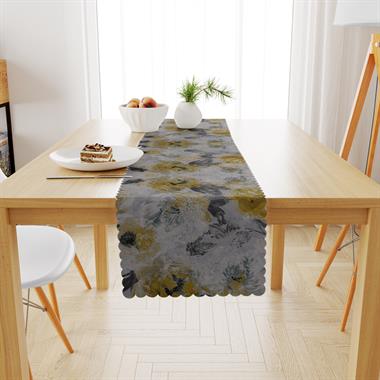 Gül Desenli Sarı Açık Gri Dijital Baskılı Petek Dokuma Runner 40x140 