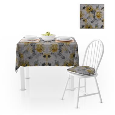 Gül Desenli Sarı Açık Gri Dijital Baskılı Petek Dokuma Masa Örtüsü 120x140