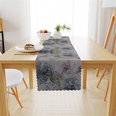 Gül Desenli Vizon Kot Mavi Dijital Baskılı Petek Dokuma Runner 40x140 