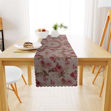 Gül Desenli Vizon Yapraklı Pembe Dijital Baskılı Süet Dokuma Runner 40x140
