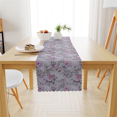 Gül Desenli Yeşil Yapraklı Gül Kurusu Kadife Dokulu Runner 40x180
