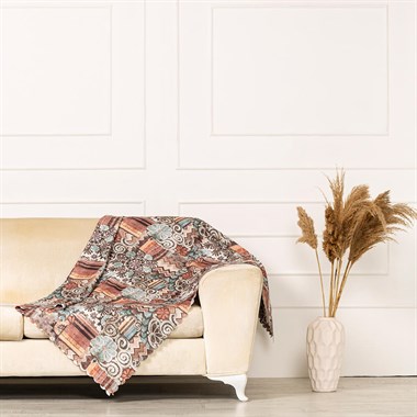 Kahve Çikolata Renkli Geometrik Desen Dokuma Dijital Baskılı Kadife Şönil Koltuk Örtüsü Şalı 175x215cm