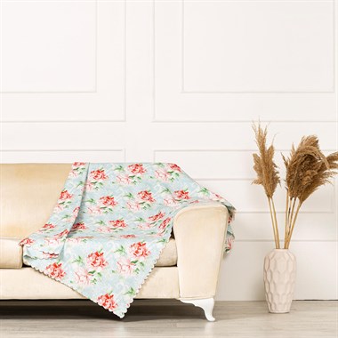 Kırmızı Yeşil Yapraklı Sarmaşık Desen Dokuma Dijital Baskılı Kadife Şönil Koltuk Örtüsü Şalı 175x215cm
