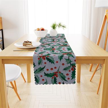 Kızılcık Desenli Yeşil Yapraklı Dijital Baskılı Petek Dokuma Runner 40x140 