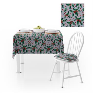 Kızılcık Desenli Yeşil Yapraklı Dijital Baskılı Petek Dokuma Masa Örtüsü 140x140