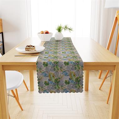 Kozalak Desenli Yeşil Mavi Çiçekli Dijital Baskılı Petek Dokuma Runner 40x140 