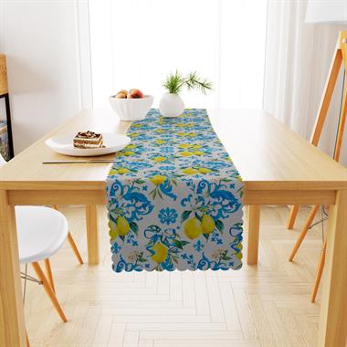 Limon Ağacı Desenli Sarı Mavi Dijital Baskılı Petek Dokuma Runner 40x140 