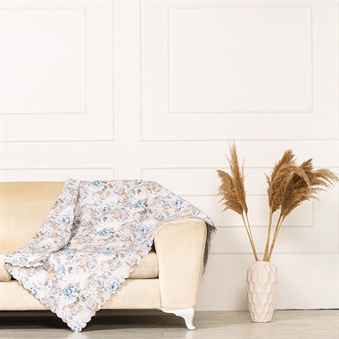 Mavi Sütlü Kahve Renkli Gül Desen Dokuma Dijital Baskılı Kadife Şönil  Koltuk Örtüsü Şalı 175x215cm