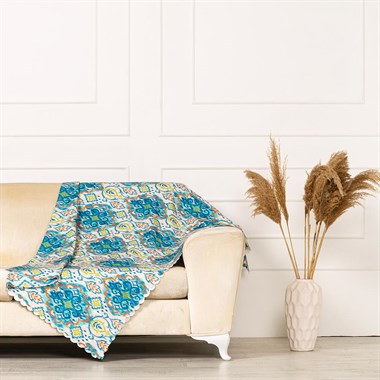 Mavi Turkuaz Renkli Modern Damask Desen Dokuma Dijital Baskılı Kadife Şönil Koltuk Şalı Örtüsü Maxi Set (3+3+1+1)