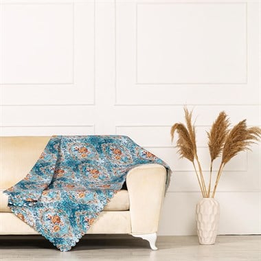 Mavi Zemin Efektli Modern Damask Desen Dokuma KadifeŞönil Koltuk Örtüsü Şalı 175x215cm