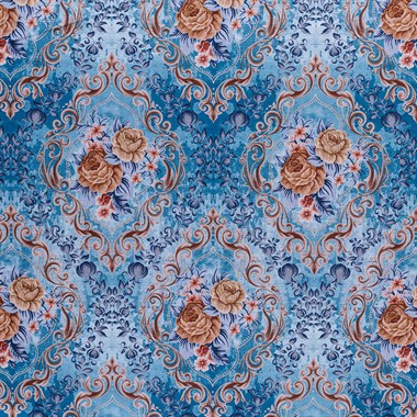 Mavi Zemin Efektli Modern Damask Desen Dokuma KadifeŞönil