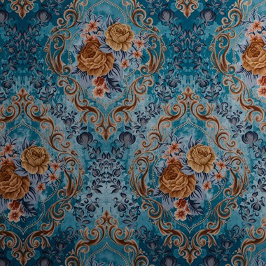 Mavi Zemin Efektli Modern Damask Desen Dijital Baskılı  Süet Kumaş