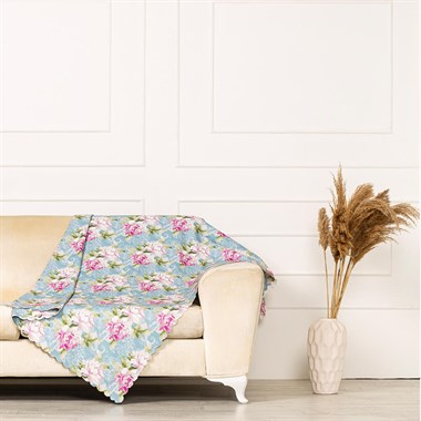 Mint Zeminli Kiremit Yeşil Renkli Sarmaşık Gül Desenli Dokuma Dijital Baskılı Kadife Şönil Koltuk Örtüsü Şalı 175x215cm