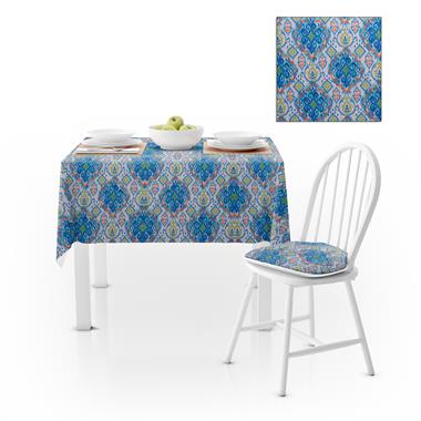 Modern Damask Desenli Mavi Turkuaz Kadife Dokulu 120X180 Masa Örtüsü