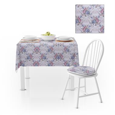 Modern Gül Deseni Mavi Kadife Dokulu 180X260 Masa Örtüsü